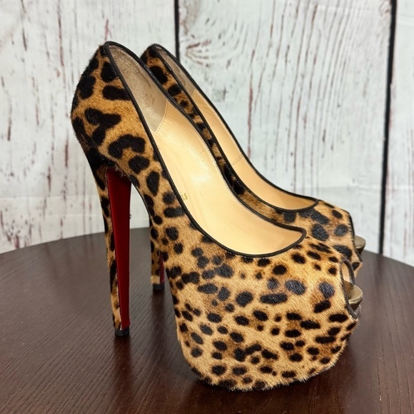 CHRISTIAN LOUBOUTIN Highness 160 PonyHair Leopard Print Peep Toe Platforms 38 EU - Picture 14 of 17